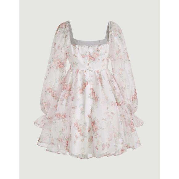 Floral Chiffon Mini Dress Pink White Puff Sleeve Babydoll Cottagecore M - Picture 3 of 16